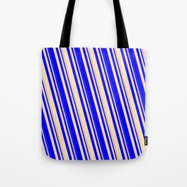 [ Thumbnail: Blue & Beige Colored Striped Pattern Tote Bag ]
