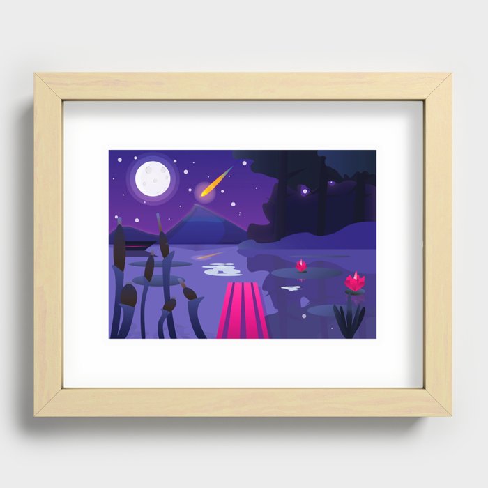 Night lake art moon comet beautiful Recessed Framed Print