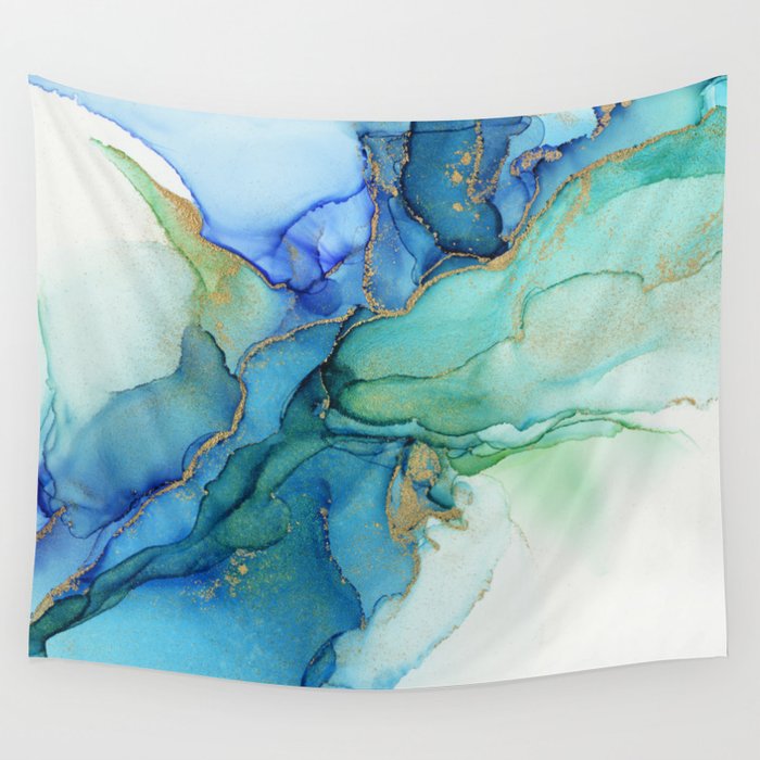 Wavy Blues - Cyan Turquoise Gold Abstract Ink Wall Tapestry