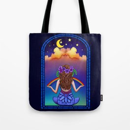 Midnight Window Crescent Moon Meditation - colorful print metaphysical Spiritual art Tote Bag