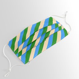 [ Thumbnail: Blue, Green & Tan Colored Lines/Stripes Pattern Face Mask ]