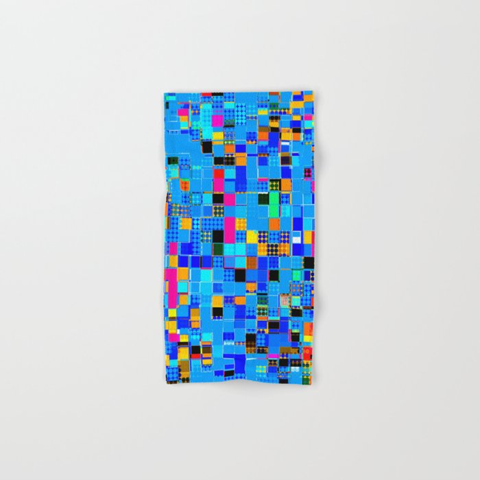 geometric pixel square pattern abstract background in blue pink yellow Hand & Bath Towel