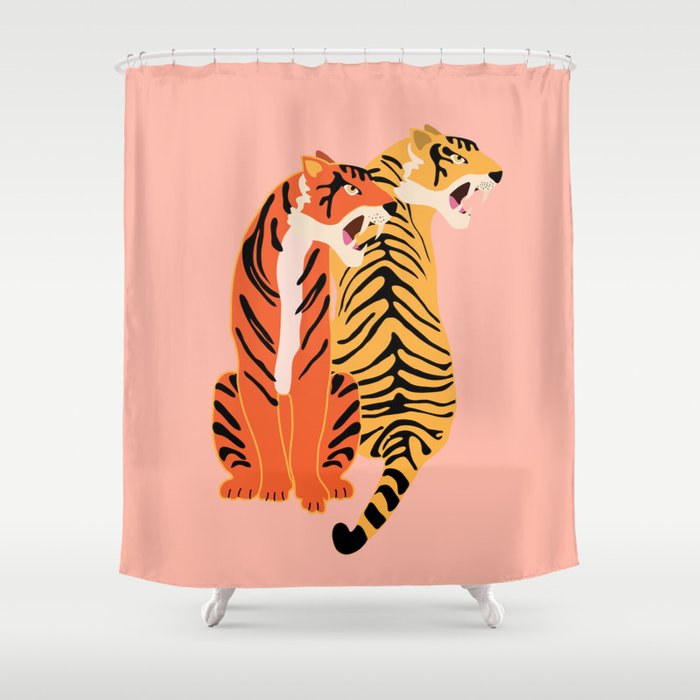 Two tigers, pink background Shower Curtain