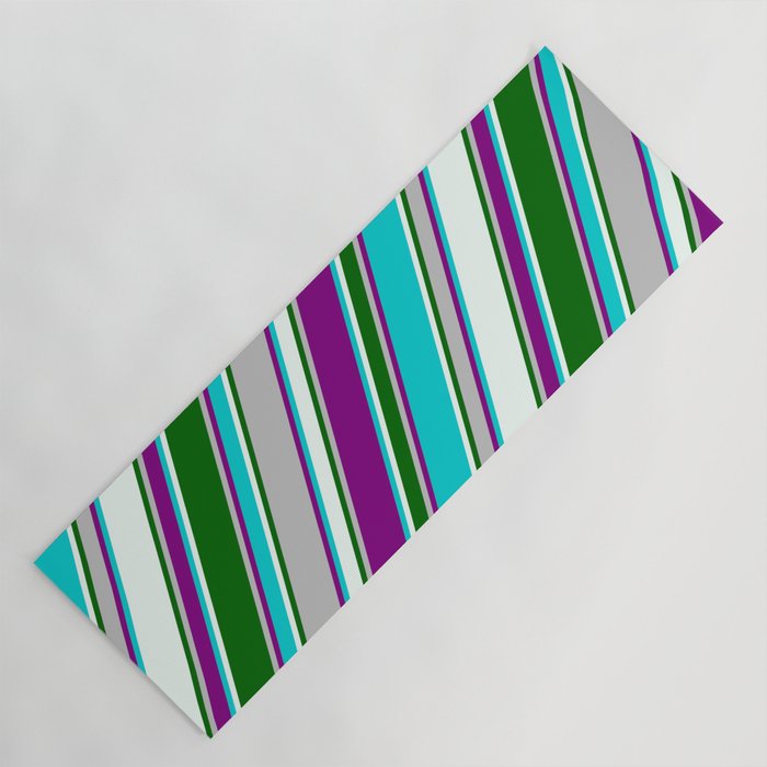 Colorful Grey, Purple, Dark Turquoise, Mint Cream & Dark Green Colored Pattern of Stripes Yoga Mat