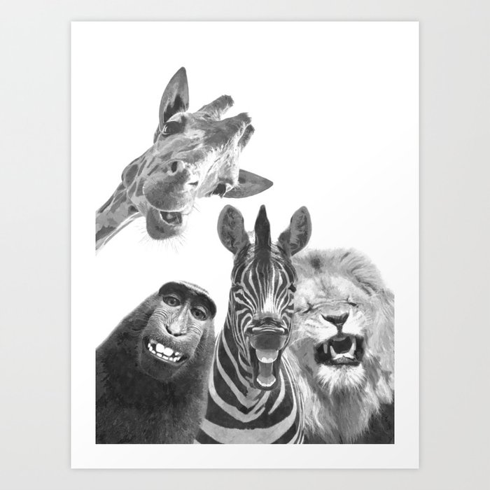 Black and White Jungle Animal Friends Art Print