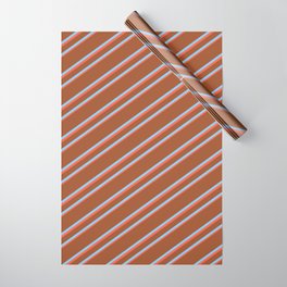 [ Thumbnail: Sienna, Light Sky Blue, and Red Colored Lined Pattern Wrapping Paper ]