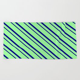 [ Thumbnail: Green & Dark Blue Colored Striped/Lined Pattern Beach Towel ]