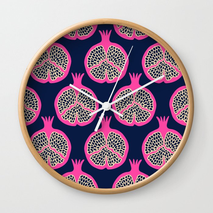 POMEGRANATES in PINK AND SAND ON DARK BLUE Wall Clock