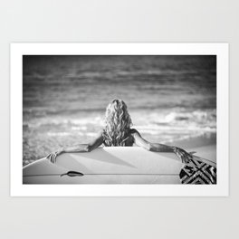Little surfer girl beach female women surfing black and white photograph / photography / photographs for home and wall decor Art Print