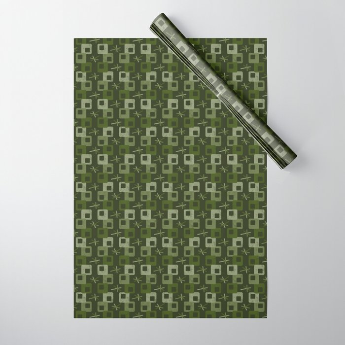 Mid Mod Geometric Groove Pattern - Olive Green Wrapping Paper