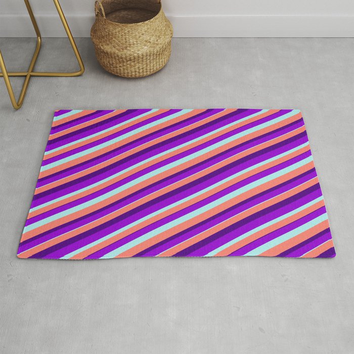 Dark Violet, Turquoise, Salmon, and Indigo Colored Lined Pattern Rug