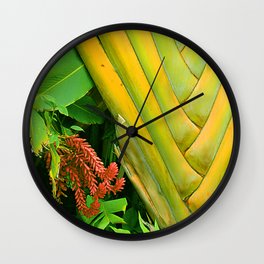 Tropical Hawaiian Island Woven Fern And Red Flower Wall Clock