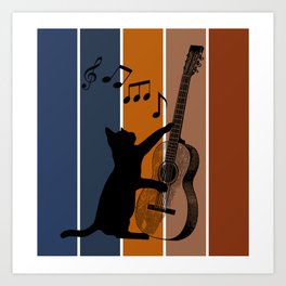 Cat playing music. Blue, orange and brown background. Art Print