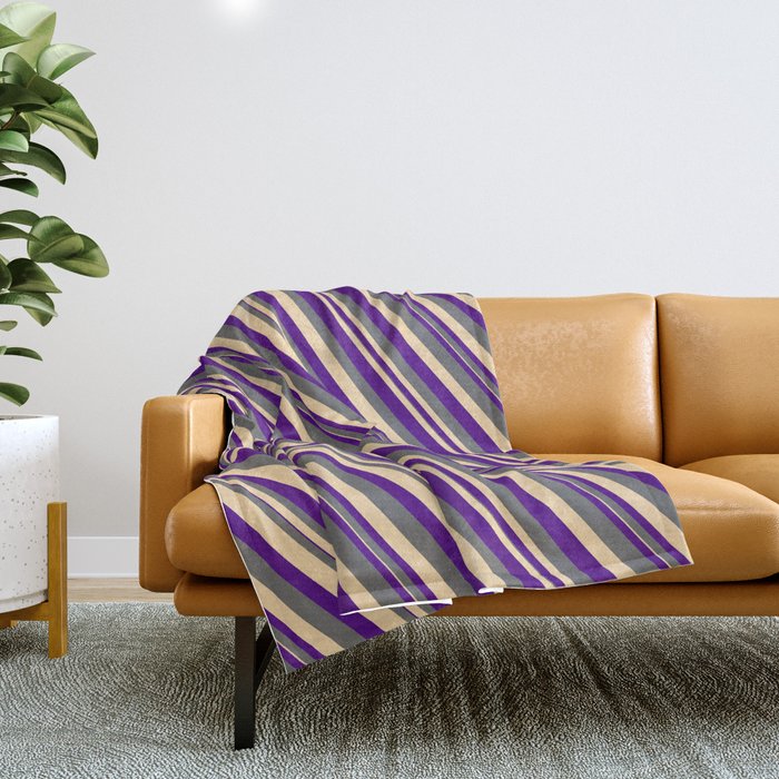Indigo, Dim Grey, and Tan Colored Lined Pattern Throw Blanket