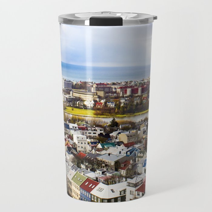 Aerial View of Rainbow Roof Houses and Apartments in Reykjavik, Iceland Travel Mug