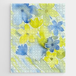 Blue and Yellow Floral Mix Digital Enhanced Watercolor Floral Art Jigsaw Puzzle