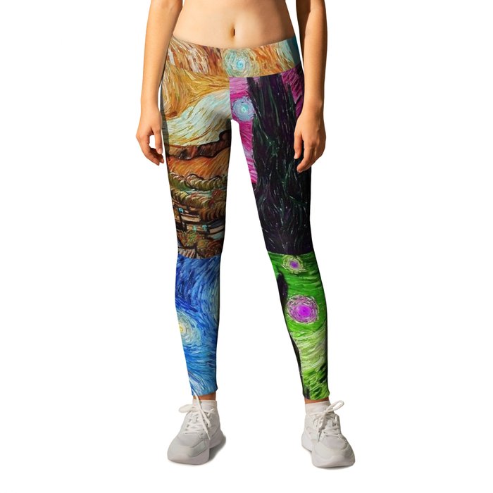 The Starry Night - La Nuit étoilée oil-on-canvas post-impressionist landscape masterpiece painting in alternate four-color collage gold, pink, blue, and green by Vincent van Gogh Leggings