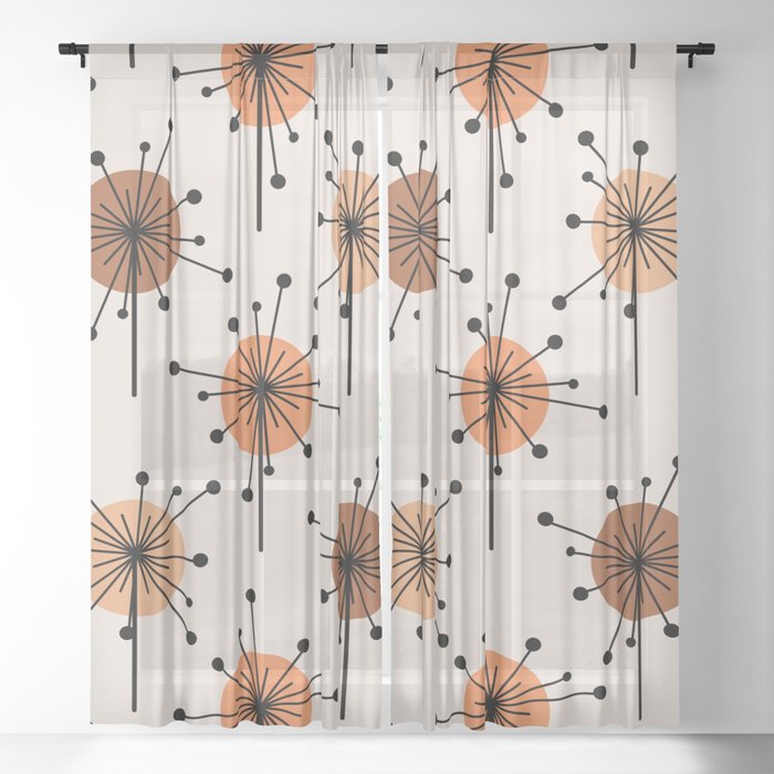Atomic Era Sputnik Starburst Flowers Orange Tan Sheer Curtain
