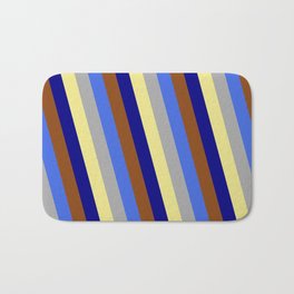 [ Thumbnail: Vibrant Royal Blue, Dark Grey, Tan, Blue, and Brown Colored Lines/Stripes Pattern Bath Mat ]