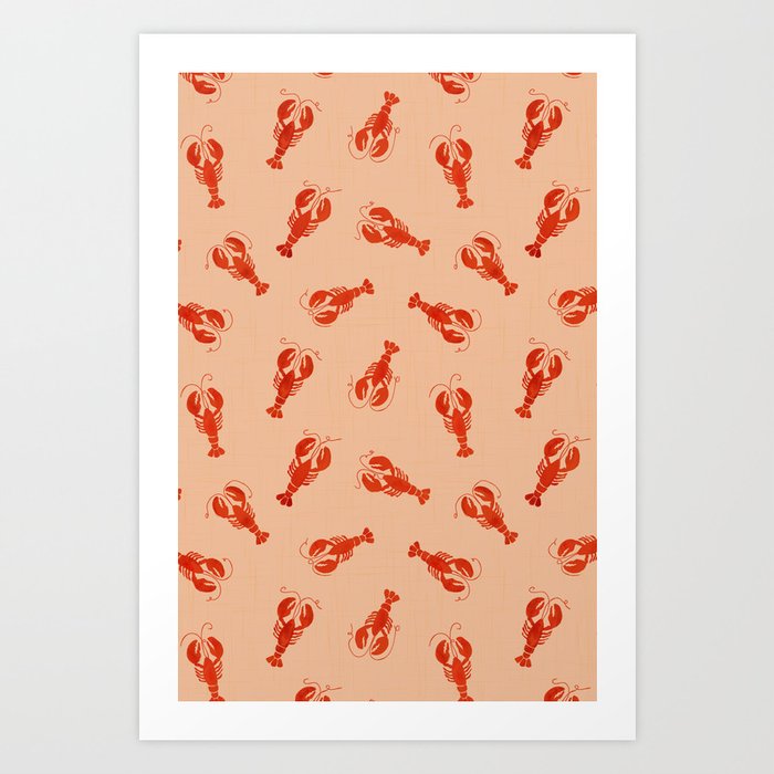 Classic Red Lobsters Pattern On Peach Art Print