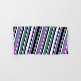 [ Thumbnail: Orchid, Black, Light Cyan, and Sea Green Colored Lined/Striped Pattern Hand & Bath Towel ]