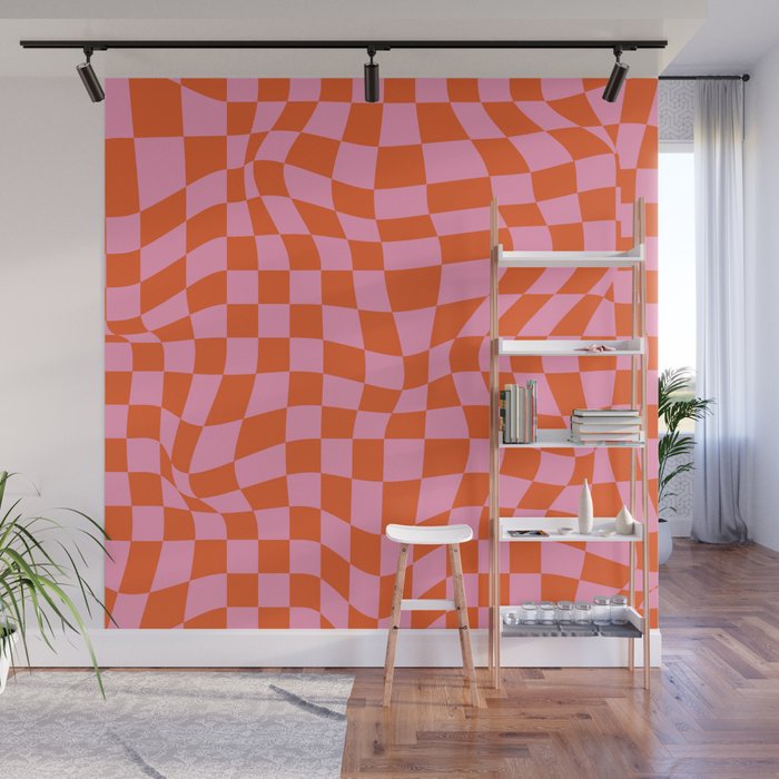 70s Trippy Grid Retro Pattern in Pink & Orange Wall Mural