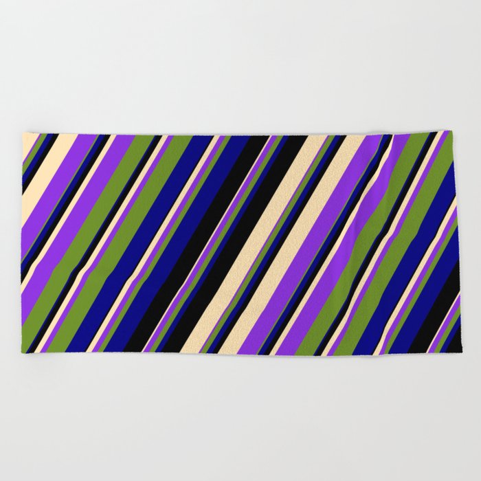 Colorful Black, Beige, Purple, Green, and Blue Colored Pattern of Stripes Beach Towel