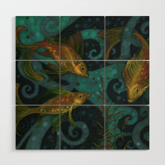 Golden Fish Black Teal Underwater Art Wood Wall Art By Clipsocallipso