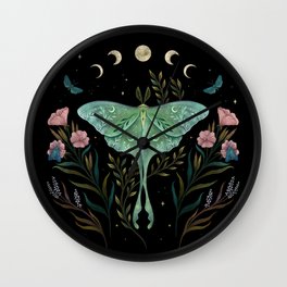 Luna and Forester Wall Clock | Bohemian, Floral, Moonmoth, Mystical, Nature, Midnightgarden, Forestermoth, Curated, Flowers, Lunamoth 