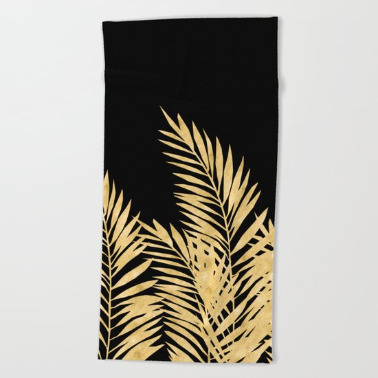 Palm Leaves Golden On Black Beach Towel