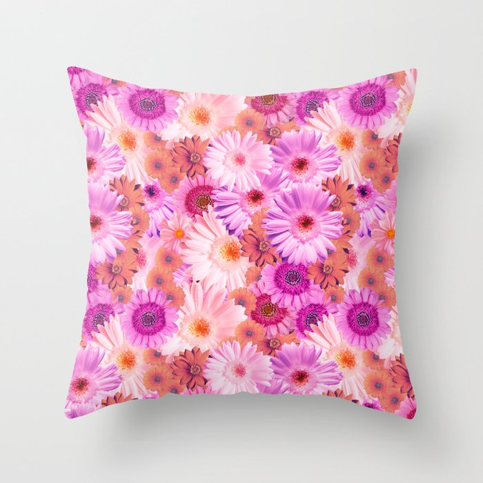 Pink and Orange Mixed Gerbera Daisies Oil Painted Floral Throw Pillow