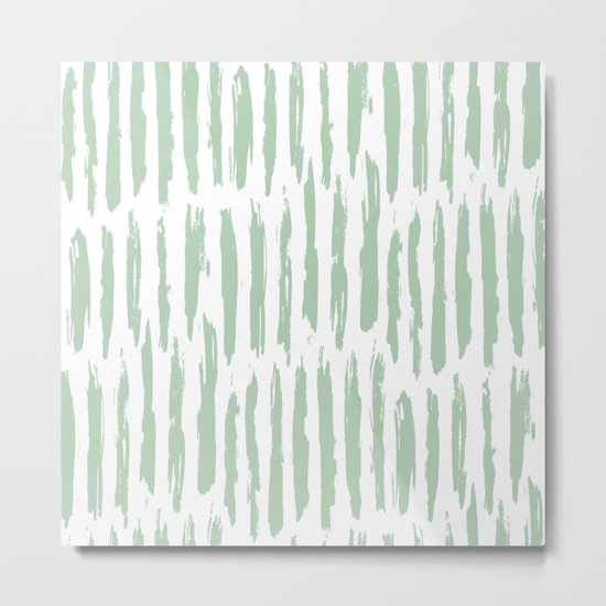 Vertical Dash Stripes Pastel Cactus Green on White Metal Print