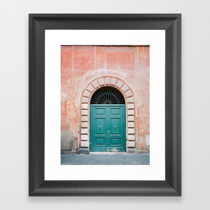 Turquoise Green door in Trastevere, Rome. Travel print Italy - film photography wall art colourful. Framed Art Print
