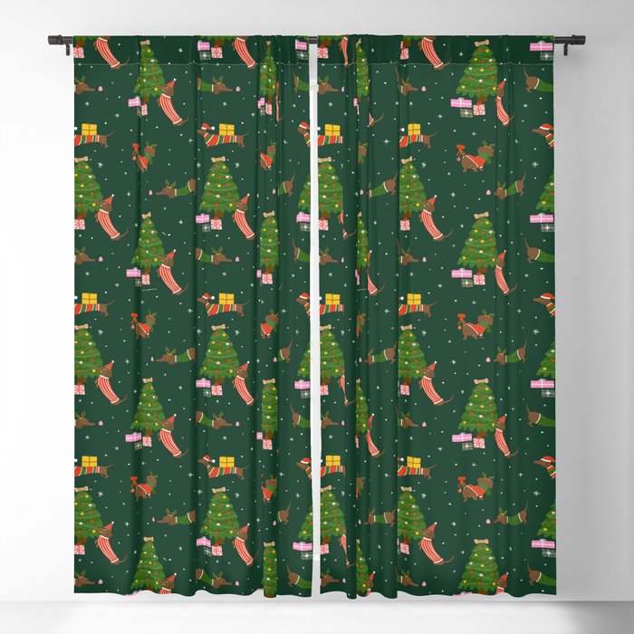 Christmas Dachshunds - Green Blackout Curtain