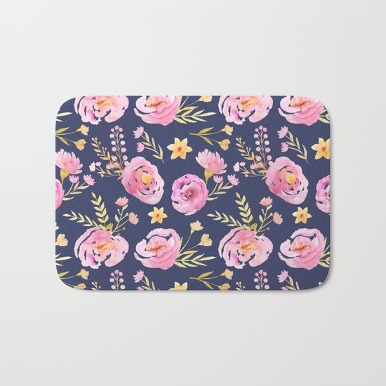 Delicate Poppy Pattern Blue Bath Mat