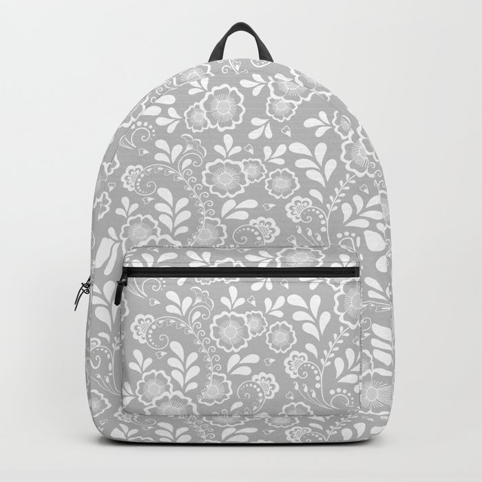 Light Grey And White Eastern Floral Pattern Backpack