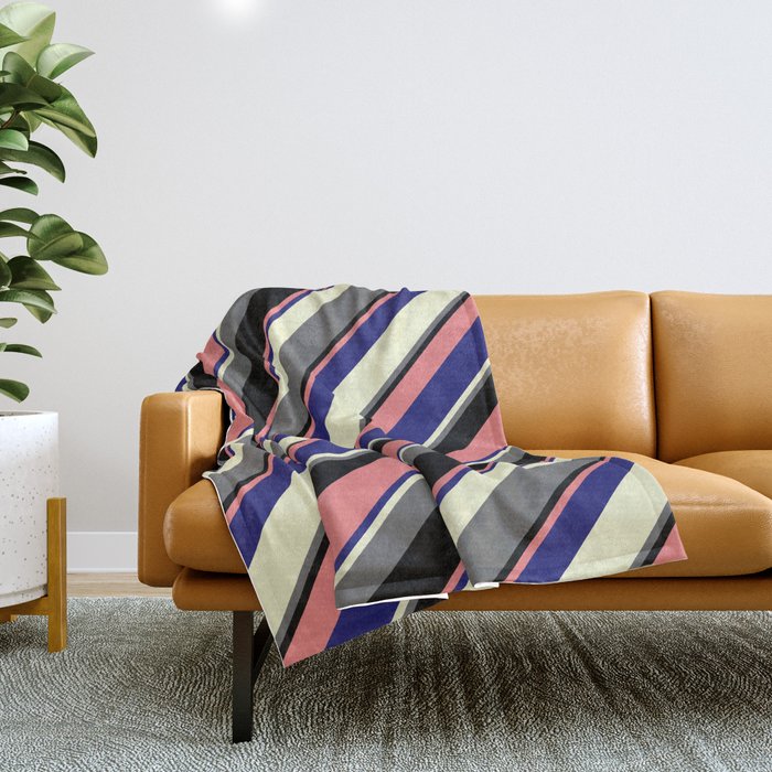 Eye-catching Light Coral, Midnight Blue, Light Yellow, Dim Grey, and Black Colored Striped Pattern Throw Blanket