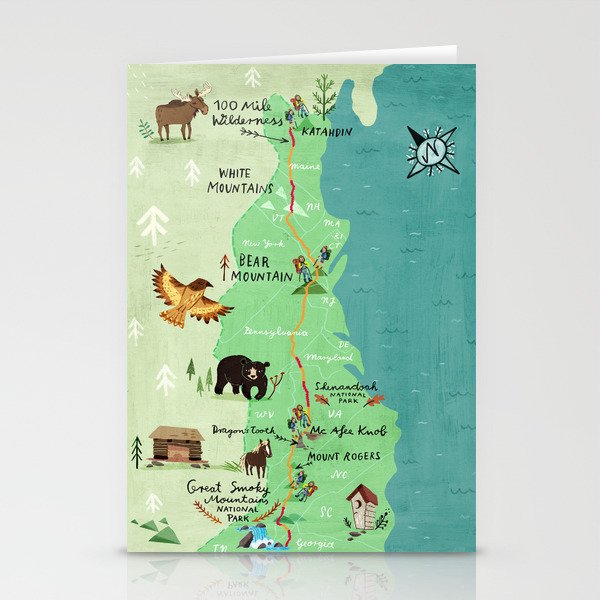 Appalachian Trail Hiking Map Stationery Cards