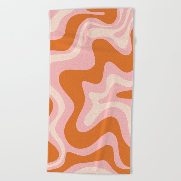Liquid Swirl Retro Abstract Pattern in Pink Orange Cream Beach Towel