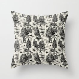 Bigfoot / Sasquatch Toile de Jouy in Black Throw Pillow