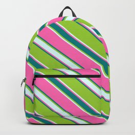 [ Thumbnail: Hot Pink, Teal, Green, and Light Cyan Colored Stripes/Lines Pattern Backpack ]