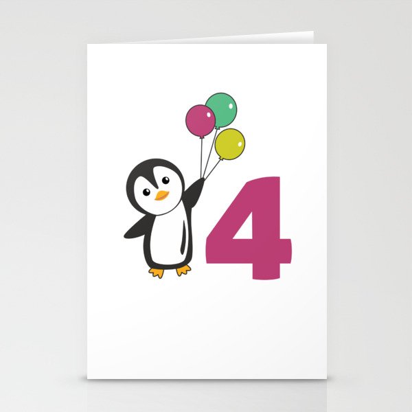 Penguin Fourth Birthday Balloons For Kids Stationery Cards