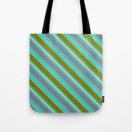 [ Thumbnail: Green, Cyan, Light Slate Gray & Light Blue Colored Stripes Pattern Tote Bag ]