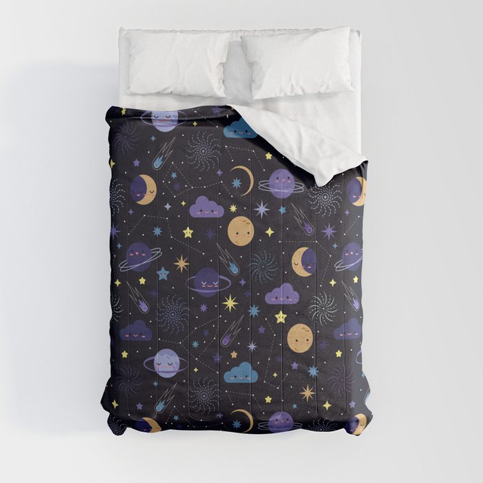 Night sky with moon, stars, planets and constellations Comforter