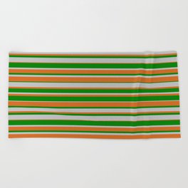 [ Thumbnail: Grey, Chocolate, and Green Colored Lined Pattern Beach Towel ]