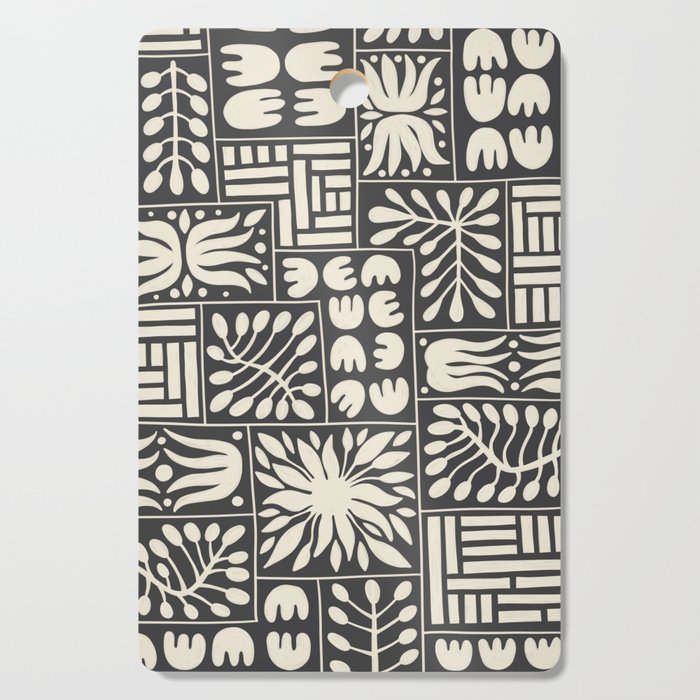 Stylized Floral Patchwork in Off White and Spade Black | Hand Drawn Pattern Cutting Board