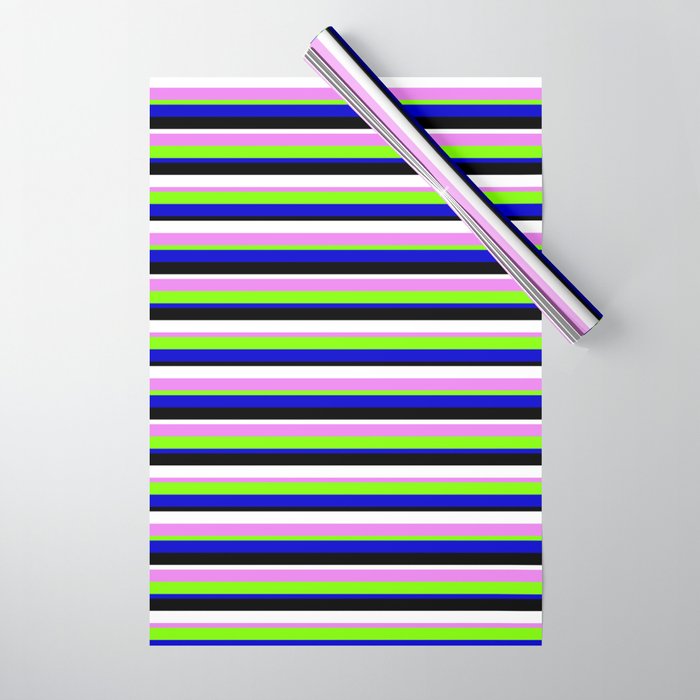 Vibrant Violet, Chartreuse, Blue, Black & White Colored Stripes/Lines Pattern Wrapping Paper