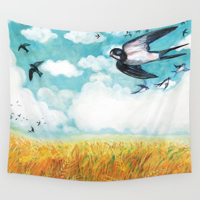 Flock of Swallows flying over a wheat field Illustration by Julia Doria  Wall Tapestry