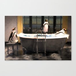Penguins playing in the bathtub Canvas Print