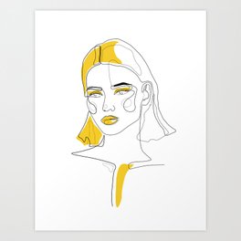 Cuteness Line in mustard / Girl face line drawing in bright yellow / Explicit Design  Art Print